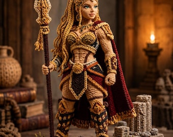 Patrón de ganchillo de mujer guerrera, muñeca amigurumi de diosa griega en PDF, tutorial de ganchillo para principiantes.
