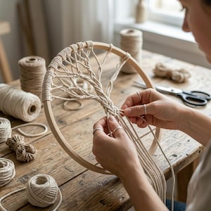 Pu&ograve; includere: Un cerchio in legno contenente un design ad albero della vita in macram&egrave; realizzato con corda di cotone color bianco sporco. L'intricata annodatura forma rami e un tronco all'interno della cornice, con estremit&agrave; di corda pendenti dal basso.