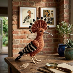 May include: A crocheted hoopoe bird figurine with a prominent orange crest featuring black and white tips. The bird has a long, slender, curved beak, a brown body, and black and white striped wings. A small rectangular tag is attached to its leg.