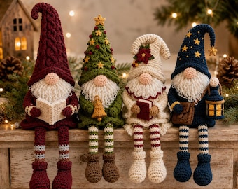 Paquete de patrones de ganchillo de gnomos navideños en PDF, 4 figuras escandinavas de patas largas para estantes, decoración de amigurumi Tomte
