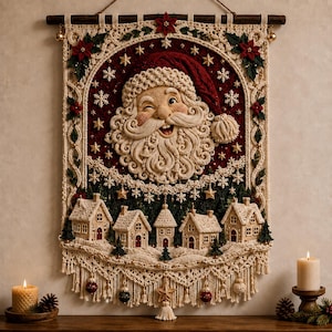 May include: A decorative wall hanging featuring a crocheted Santa Claus face with a red hat, surrounded by a dark red background with gold stars and snowflakes. Below, five small crocheted houses sit on a snowy landscape with fringe.