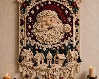 Santa Christmas Village Crochet Wall Hanging Pattern PDF, 3D Holiday Tapestry, Festive Winter Macrame-Style Decor