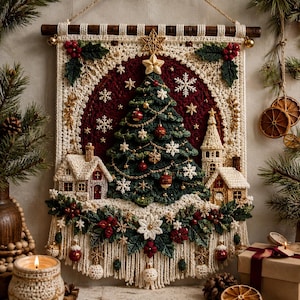 May include: A rectangular crochet wall hanging featuring a central dark green Christmas tree decorated with red ornaments and white snowflakes. The scene includes two small houses, holly leaves, red berries, and a cream-colored fringe border.