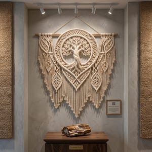 Pu&ograve; includere: Un grande arazzo in macram&egrave; color bianco sporco con un design centrale circolare dell'albero della vita, nodi complessi e frange pendenti. Sotto, un pezzo levigato di legno pietrificato poggia su un mobile in legno scuro con una targhetta dorata.