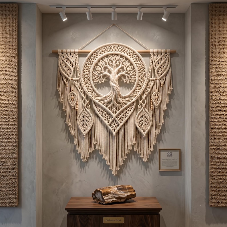 Pu&ograve; includere: Un grande arazzo in macram&egrave; color bianco sporco con un design centrale circolare dell'albero della vita, nodi complessi e frange pendenti. Sotto, un pezzo levigato di legno pietrificato poggia su un mobile in legno scuro con una targhetta dorata.