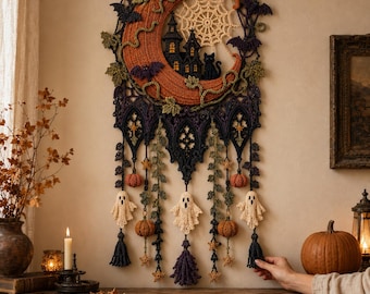 Halloween Crochet Wall Hanging Pattern PDF, 3D Pumpkin Moon Cathedral, Gothic Macrame-Style Tapestry Decor
