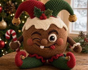 Patrón de ganchillo en PDF para pudín de Navidad, muñeco amigurumi de bufón para las fiestas, juguete divertido de comida festiva.