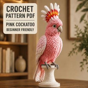Rosa kakadua virkmönster PDF, Major Mitchell papegoja amigurumi handledning