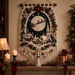 May include: A macrame wall hanging featuring a dark green circular center with a white rope moon and a silhouette of Santa in a sleigh with reindeer. The scene includes miniature houses, pine trees, red berries, and a poinsettia, finished with fringe.