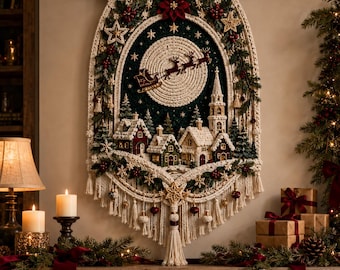 Patrón PDF para tapiz de pared de ganchillo "Aldea de la Luna Navideña", tapiz 3D estilo macramé, decoración invernal con trineo de Papá Noel y renos.