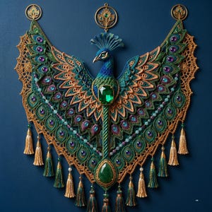 May include: A decorative wall hanging featuring a central peacock motif crafted with intricate crochet and embroidery in shades of blue, green, and gold. It includes a large emerald-colored gemstone, beaded accents, and multiple hanging gold tassels.