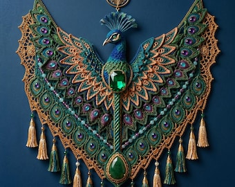 Patrón de tapiz de pared de ganchillo con diseño de pavo real, estilo bohemio, arte con plumas (descarga en PDF)