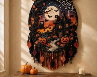 Patrón PDF para tapiz de pared de ganchillo de casa embrujada, tapiz 3D de Halloween con calabazas y luna.