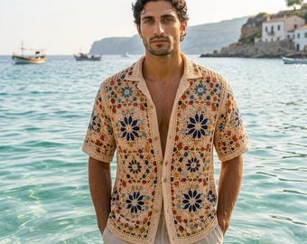 Patrón de camisa de ganchillo para hombre, top estilo bohemio con cuello tipo campamento, motivo marroquí (descarga en PDF)