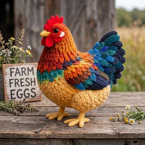 May include: A crocheted chicken figurine featuring a vibrant colour palette of orange, yellow, teal, and dark blue. The bird has a bright red comb and wattle, a yellow beak, and black eyes. Beside it sits a wooden sign with the text FARM FRESH EGGS.