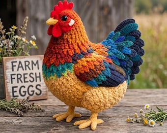 Schema realistico per realizzare un pollo all'uncinetto, gallina da fattoria amigurumi in formato PDF (video tutorial incluso)