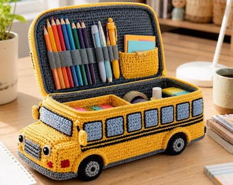Patrón de autobús escolar a crochet, organizador de estuche para lápices en PDF, regreso a clases.