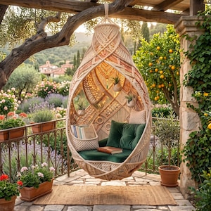 May include: A teardrop-shaped hanging macrame chair featuring intricate cream-coloured knotted cord patterns, a deep green velvet seat cushion, a matching green back pillow, a small built-in storage pocket containing books, and two small hanging planters.