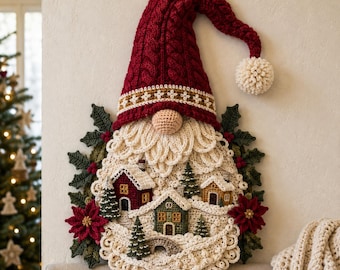 Patrón de ganchillo en PDF para colgar en la pared: gnomo navideño, pueblo de nieve en 3D, tutorial de Tomte escandinavo.