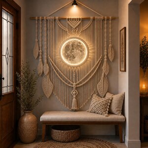 May include: A large macrame wall hanging featuring intricate knotted patterns, hanging feathers, and a central circular illuminated moon lamp. The piece is suspended from a wooden rod and displays a cream-coloured cord design with a central tassel.