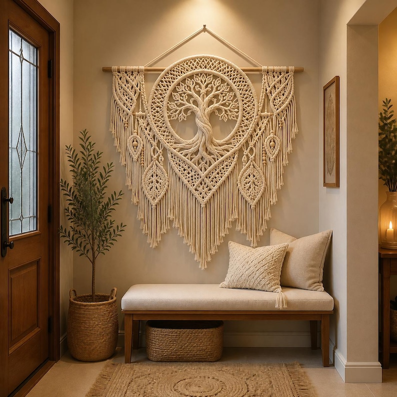 Pu&ograve; includere: Un grande arazzo in macram&egrave; color bianco sporco con un design centrale dell'albero della vita all'interno di una cornice circolare, arricchito da motivi a forma di foglia e lunghe frange, appeso a un bastone di legno con una corda.