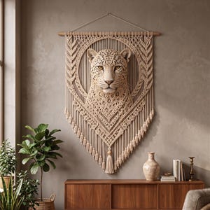 May include: A beige macrame wall hanging featuring a three-dimensional leopard head at the centre. The intricate knotted cord design forms a circular frame around the leopard, with leaf-like patterns on the sides and long fringe tassels at the bottom.