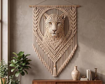 Molde em PDF para tapeçaria de macramê com estampa de guepardo, tutorial para confecção de rosto de felino, guia de nós para arte têxtil boho.
