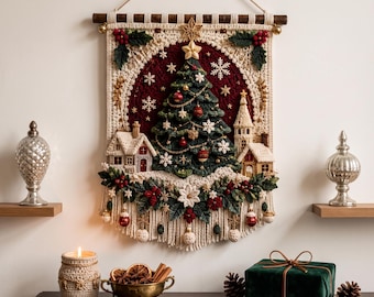Patrón PDF para tapiz navideño de ganchillo, tapiz 3D con árbol de pueblo, decoración navideña para el hogar.