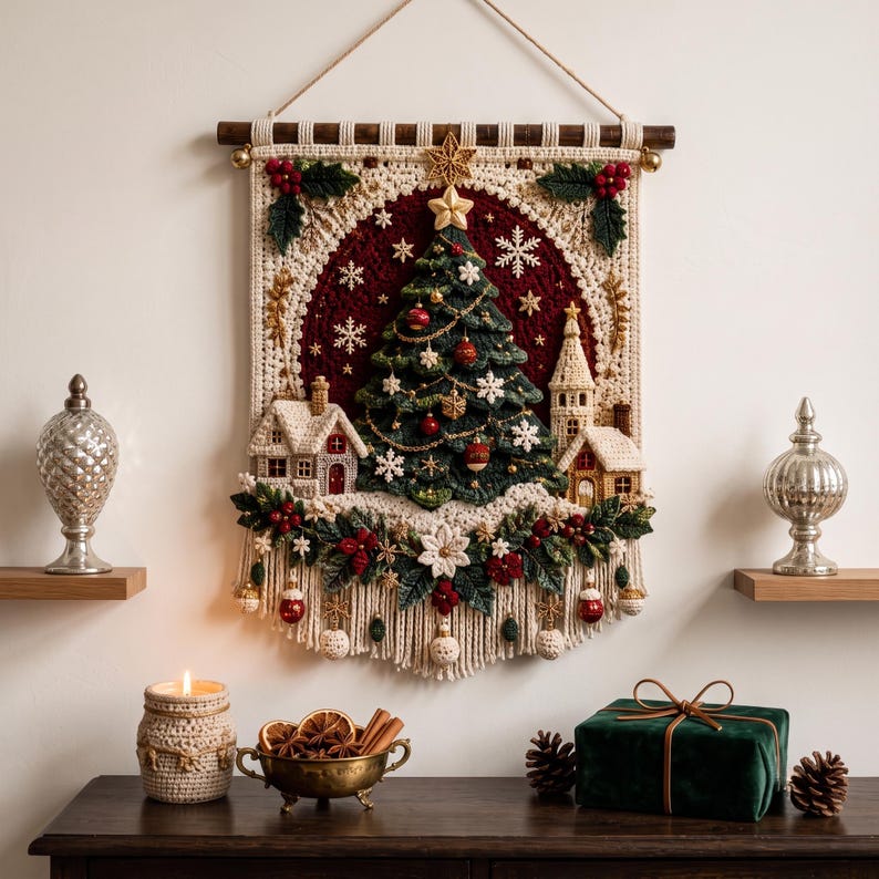 Op de afbeelding: Een rechthoekige macram&eacute; wandhanger met een centrale donkergroene kerstboom versierd met gouden kettingen en rode ornamenten, geflankeerd door twee kleine gehaakte huisjes tegen een dieprode achtergrond met witte sneeuwvlokken.