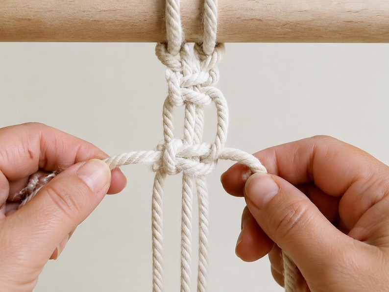 Pu&ograve; includere: Un progetto in corda macram&egrave; beige chiaro caratterizzato da una serie di nodi quadrati legati attorno a un bastoncino di legno liscio. La spessa corda di cotone ritorto &egrave; disposta in un motivo verticale con due estremit&agrave; libere tirate verso.