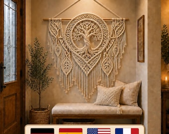 Patrón para tapiz de pared de macramé Árbol de la Vida, tapiz artístico bohemio de fibra (descarga en PDF)