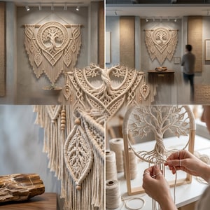 Pu&ograve; includere: Un grande arazzo da parete in macram&egrave; color crema con un design centrale dell'albero della vita all'interno di una cornice circolare, circondato da intricati nodi, dettagli a forma di foglia e lunghe frange, realizzato in corda di cotone e perline.