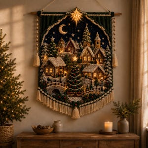 May include: A dark green macrame wall hanging featuring a detailed winter village scene with snow-covered houses, a central Christmas tree, a stone bridge, and a glowing star and crescent moon. The piece is finished with cream-coloured fringe.