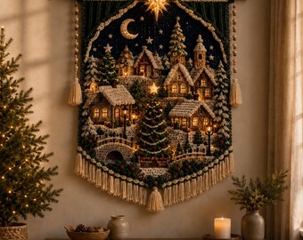 Patrón PDF para tapiz de pared de ganchillo con diseño de pueblo navideño, tapiz nevado 3D con luces y flecos.