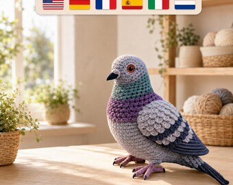 Realistic Pigeon Crochet Pattern PDF: Detailed Amigurumi Bird with Layered Feathers, 6 Languages