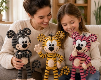 Patrón de ganchillo de tigre en PDF: Muñeco amigurumi a rayas con orejas y cola en espiral, 3 poses