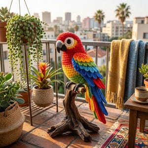 May include: A crocheted macaw parrot with vibrant red, yellow, green, and blue yarn feathers perched on a natural wooden branch. The bird features a white face patch, a dark gray beak, and large black eyes, showcasing detailed handmade stitching.