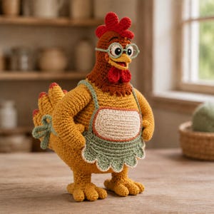 Pode incluir: Uma figura de galinha em crochê com cabeça castanha, crista e barbelas vermelhas e corpo amarelo. A galinha usa óculos redondos com armação verde-clara e um avental verde-claro com um painel central creme atado com um laço nas costas.