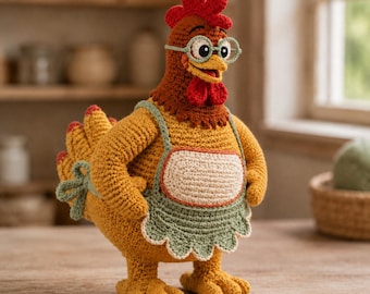 Patrón de ganchillo de gallina en PDF, amigurumi de gallina con gafas y delantal, decoración de cocina estilo cottagecore