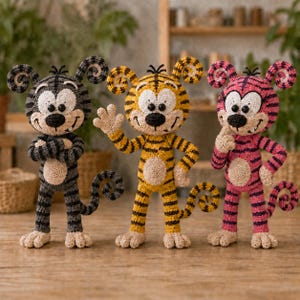 May include: Three crocheted stuffed animal figures standing in a row. The left figure is gray with black stripes, the center figure is yellow with black stripes, and the right figure is pink with dark purple stripes. Each has large eyes and a curled tail.
