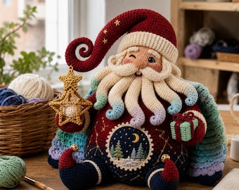 Patrón de ganchillo de Papá Noel en PDF, muñeco navideño de amigurumi para estantería, decoración invernal escandinava.