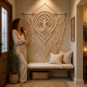 Pu&ograve; includere: Un grande arazzo da parete in macram&egrave; color bianco sporco con un design centrale dell'albero della vita all'interno di una cornice circolare, arricchito da intricati motivi a nodi e lunghe frange, appeso a un bastone di legno su una parete chiara.