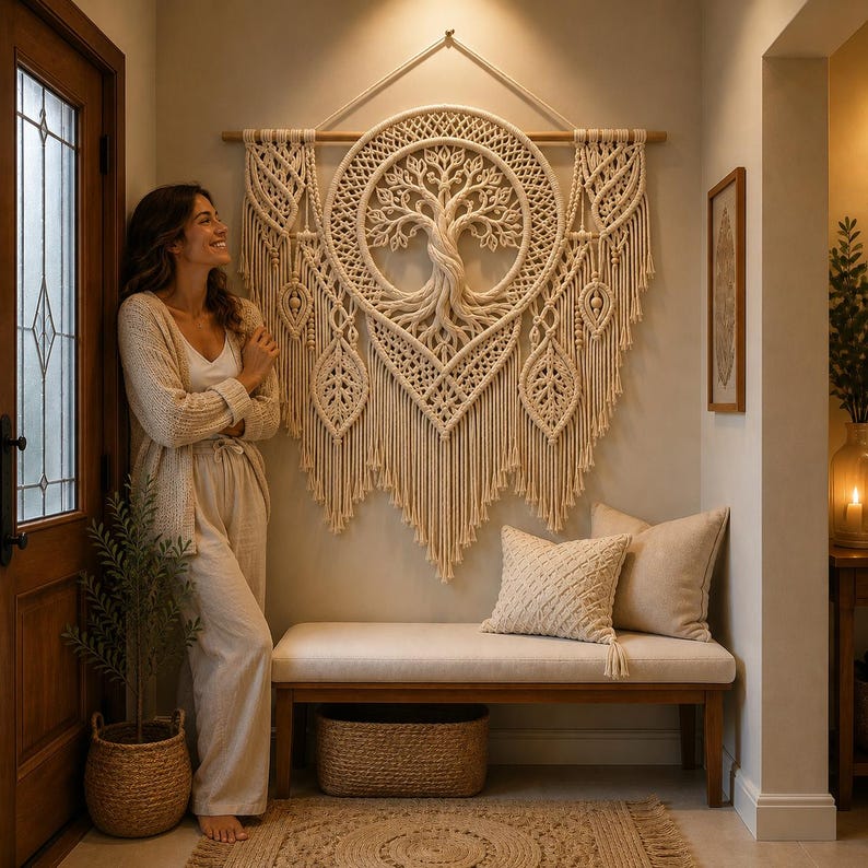 Pu&ograve; includere: Un grande arazzo da parete in macram&egrave; color bianco sporco con un design centrale dell'albero della vita all'interno di una cornice circolare, arricchito da intricati motivi a nodi e lunghe frange, appeso a un bastone di legno su una parete chiara.
