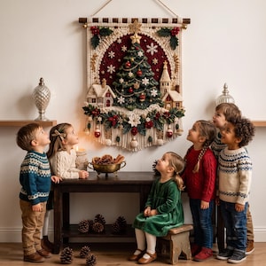 Op de afbeelding: Een rechthoekige macram&eacute; wandhanger met een centrale gehaakte kerstboom, kleine huisjes en hulstbessen. Het ontwerp bevat een dieprode achtergrond met witte sneeuwvlokken, een gouden ster als piek en cr&egrave;mekleurige franjes aan de onderkant.