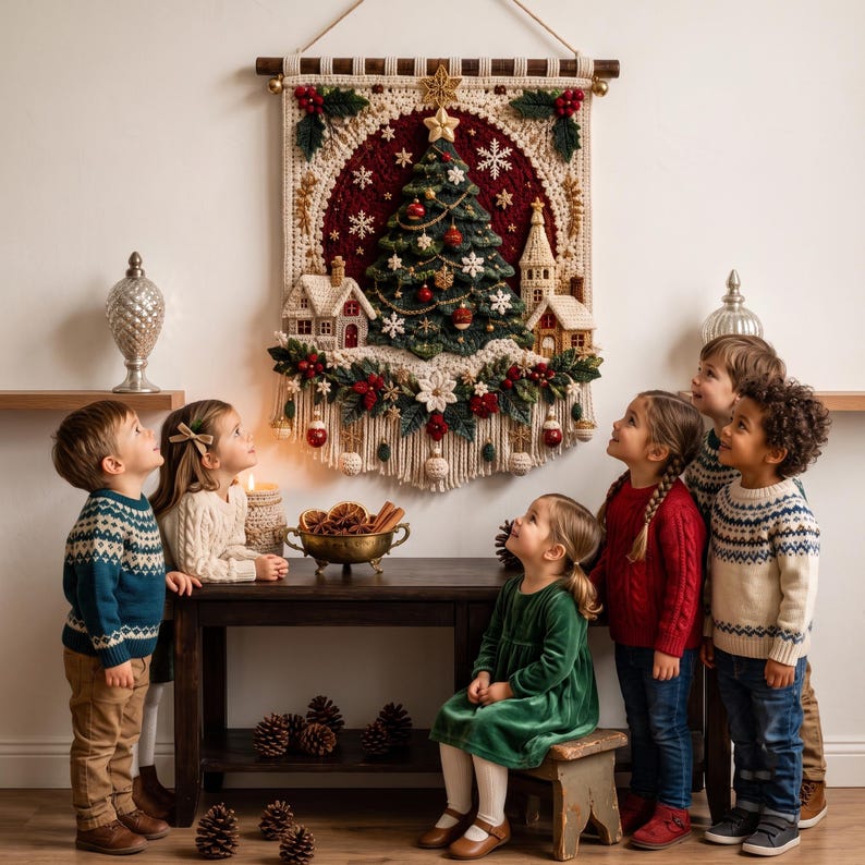 Op de afbeelding: Een rechthoekige macram&eacute; wandhanger met een centrale gehaakte kerstboom, kleine huisjes en hulstbessen. Het ontwerp bevat een dieprode achtergrond met witte sneeuwvlokken, een gouden ster als piek en cr&egrave;mekleurige franjes aan de onderkant.