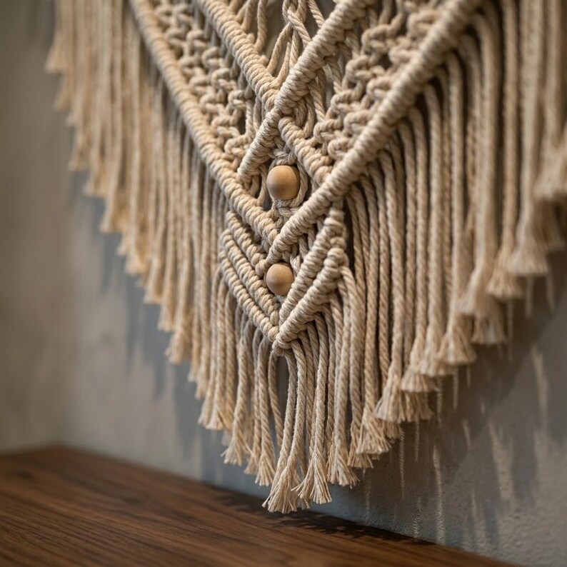 Pu&ograve; includere: Un arazzo in macram&egrave; color crema caratterizzato da complessi motivi a nodi e lunghe frange fluide. Il design incorpora due perline di legno lisce e rotonde posizionate verticalmente lungo il centro, creando un aspetto strutturato e stratificato.