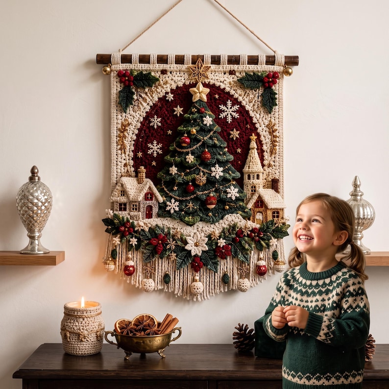 Op de afbeelding: Een decoratieve macram&eacute; wandhanger met een donkergroene kerstboom in het midden, twee kleine huisjes en rode hulstbessen. Het stuk is versierd met witte sneeuwvlokken, gouden sterren en een cr&egrave;mekleurige franje aan de onderkant met ornamenten.