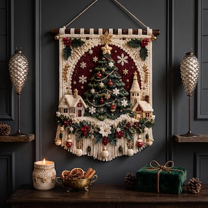 Op de afbeelding: Een cr&egrave;mekleurige macram&eacute; wandhanger met een donkergroene kerstboom in het midden, twee kleine huisjes en een dieprode achtergrond. Het werk is versierd met rode bessen, witte sneeuwvlokken en gouden sterren, afgewerkt met franjes en gouden belletjes.