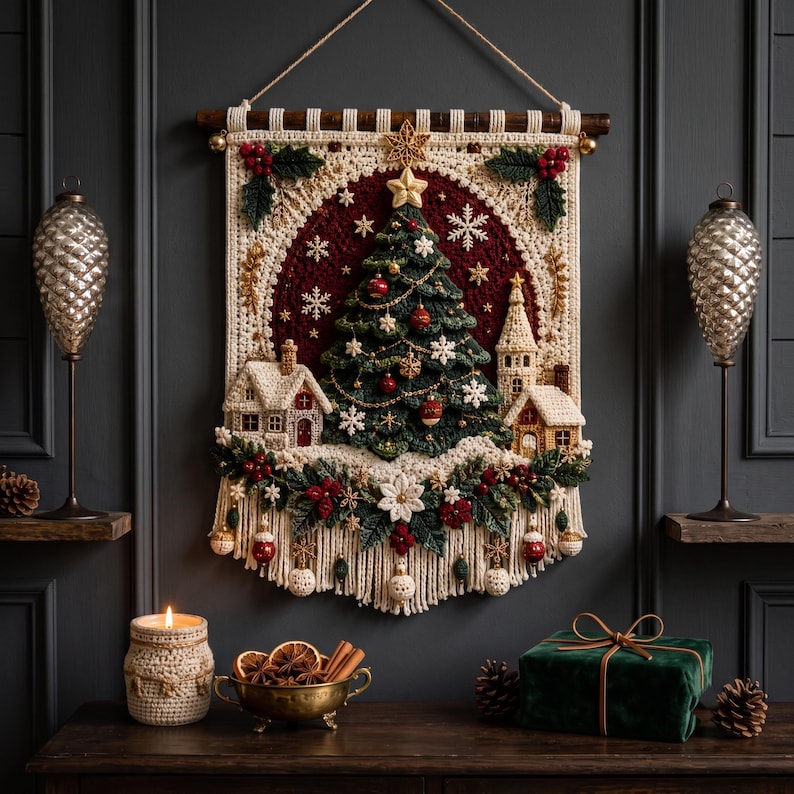 Op de afbeelding: Een cr&egrave;mekleurige macram&eacute; wandhanger met een donkergroene kerstboom in het midden, twee kleine huisjes en een dieprode achtergrond. Het werk is versierd met rode bessen, witte sneeuwvlokken en gouden sterren, afgewerkt met franjes en gouden belletjes.