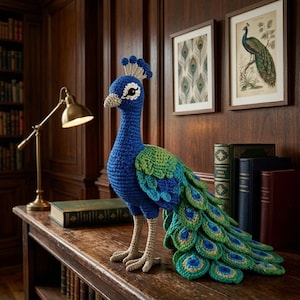 Può includere: Una statuetta di pavone realizzata all'uncinetto a mano con testa e collo blu vivace, becco e zampe beige e una lunga coda fluida composta da piume sovrapposte verdi, blu e dorate con motivi a forma di occhio su ogni singola punta.